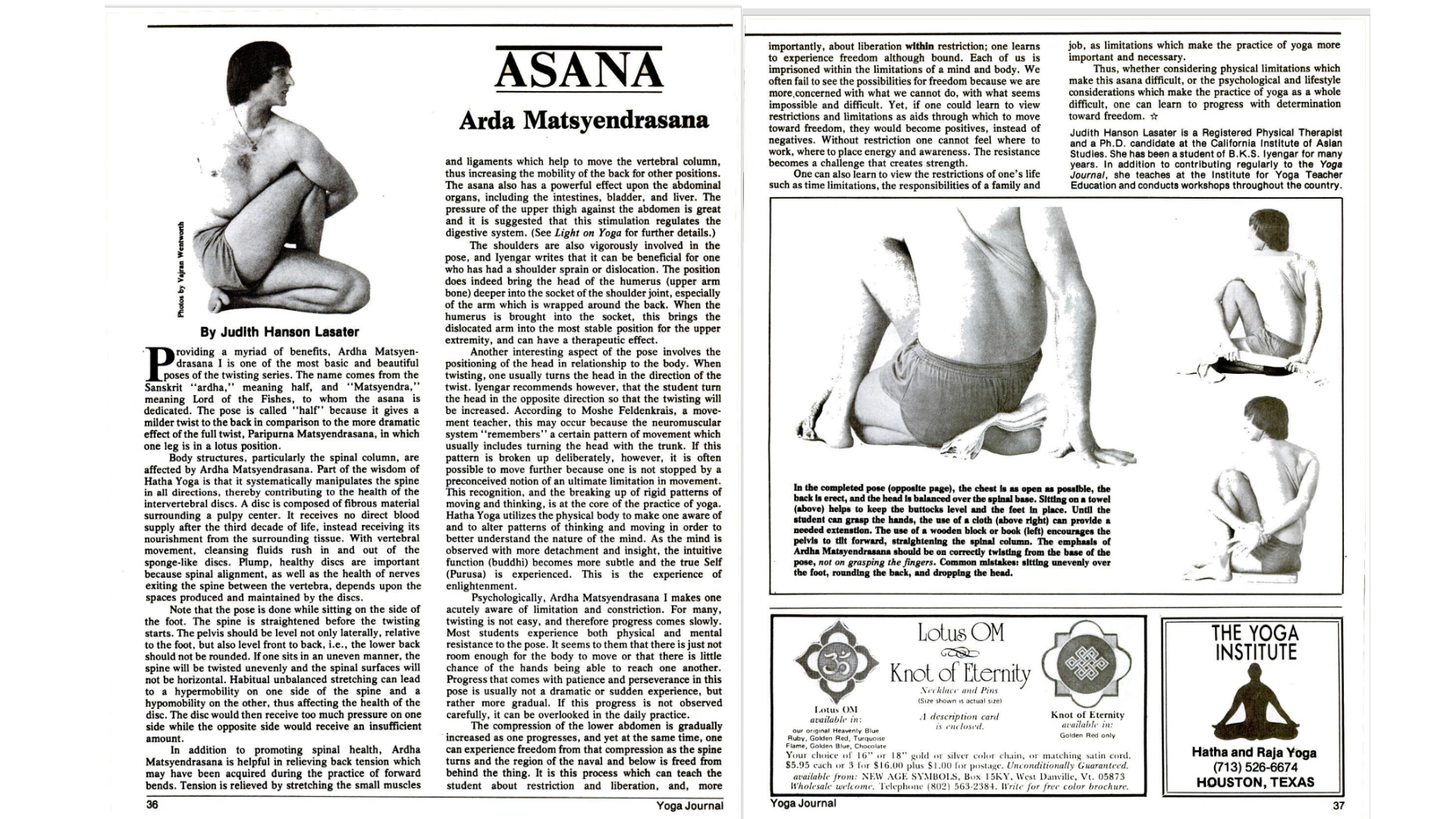 Black and white article on Ardha Matsyendrasana or Half Lord of the Fishes from a 1977 issue of Yoga Journal