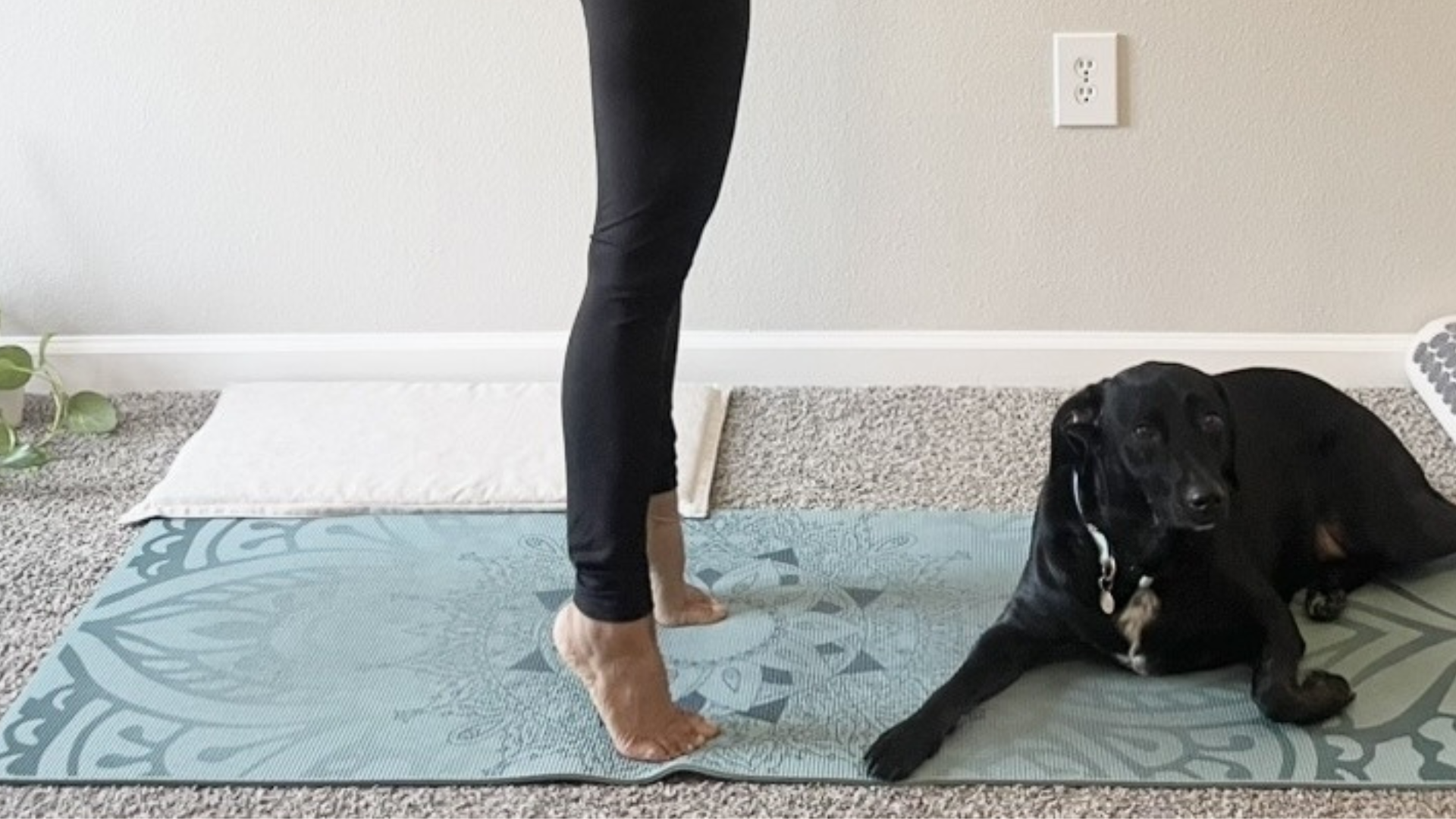 Woman standing on her tiptoes on a yoga mat during Mountain Pose (Tadasana)