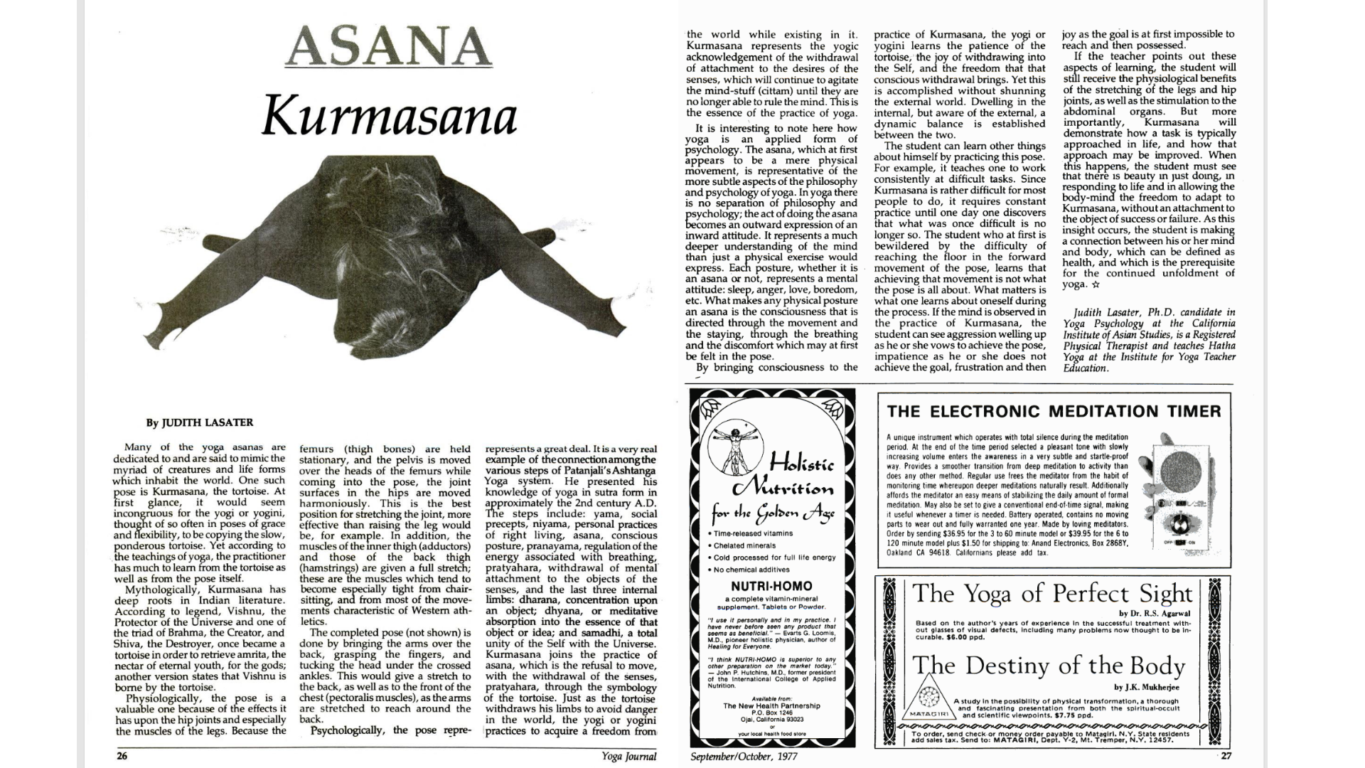 Black and white archive article on Kurmasana or Tortoise in yoga by Judith Hanson Lasater