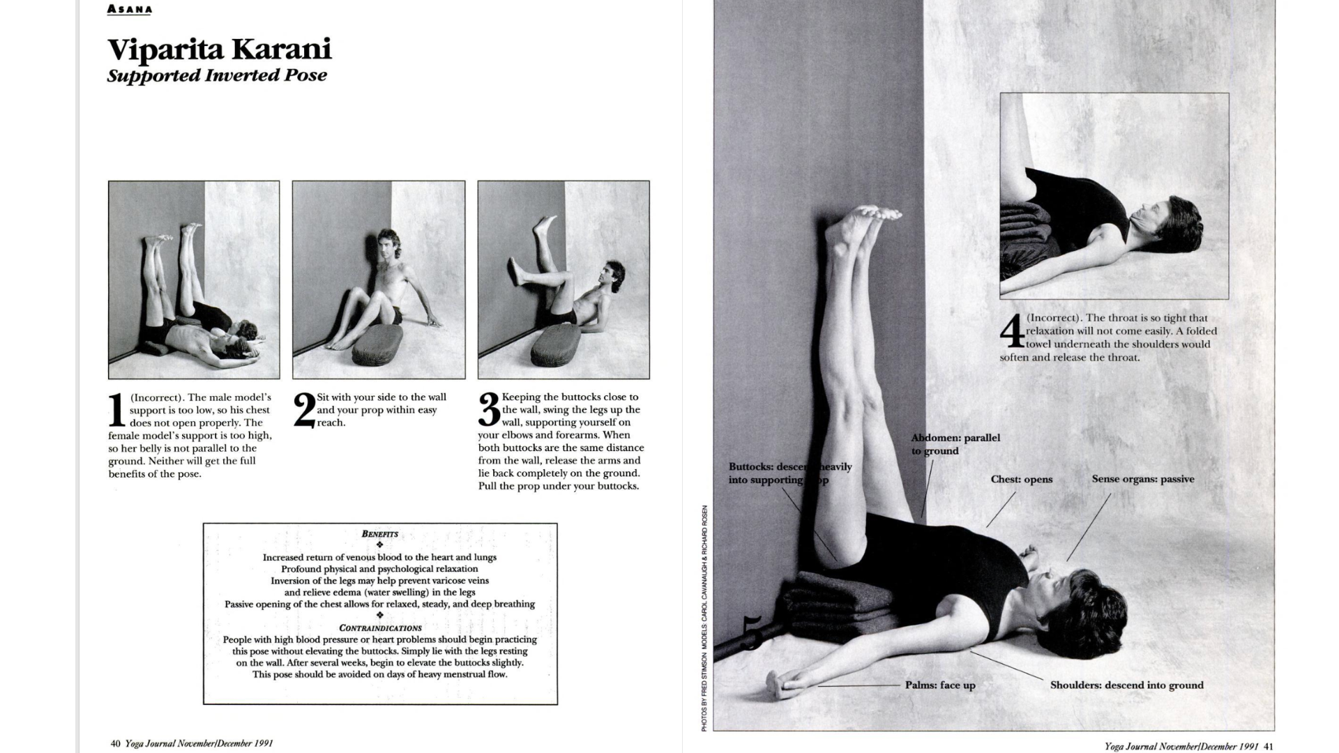 Black and white spread from an archive issue of Yoga Journal featuring a model practicing versions of Viparita Karani