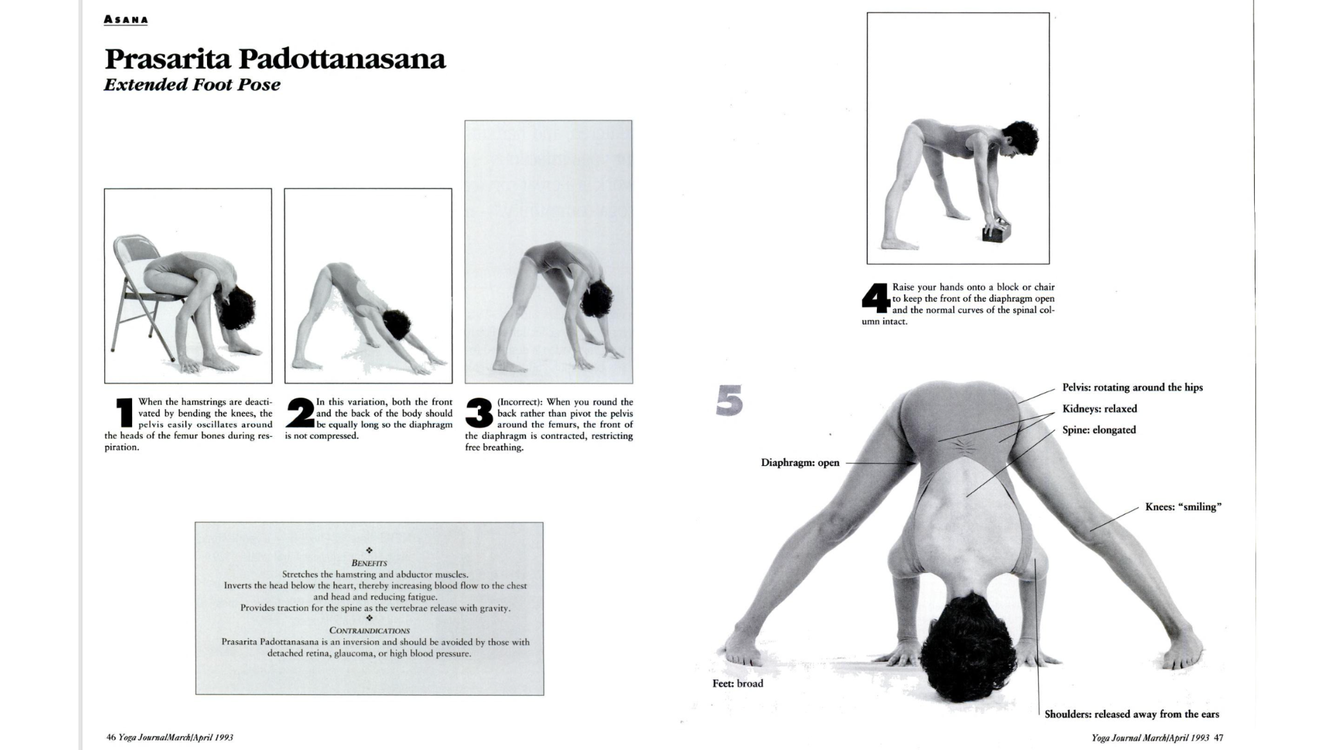 Black-and-white spread of two pages from a past issue of Yoga Journal explaining Prasarita Padottanasana