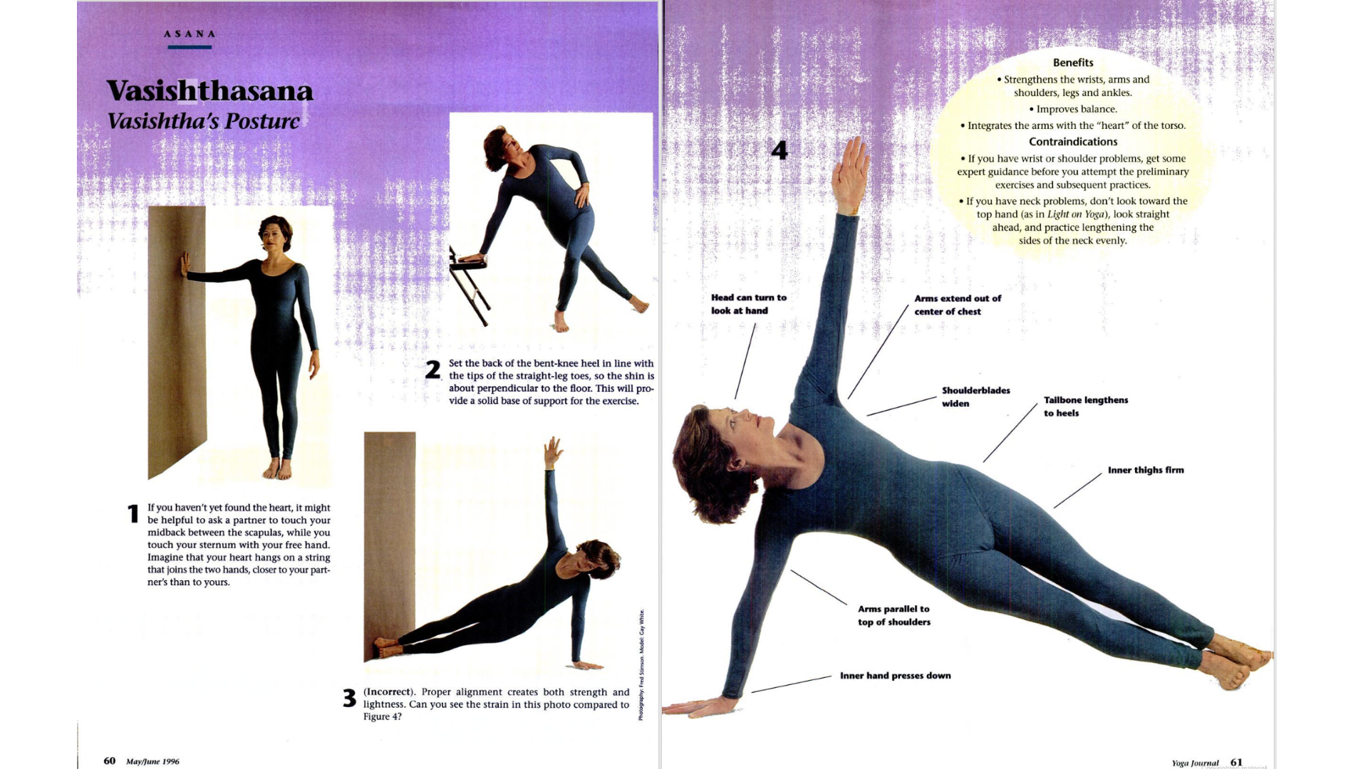 Two-page spread from a 1996 issue of Yoga Journal magazine on how to do Side Plank Pose (Vasisthasana)