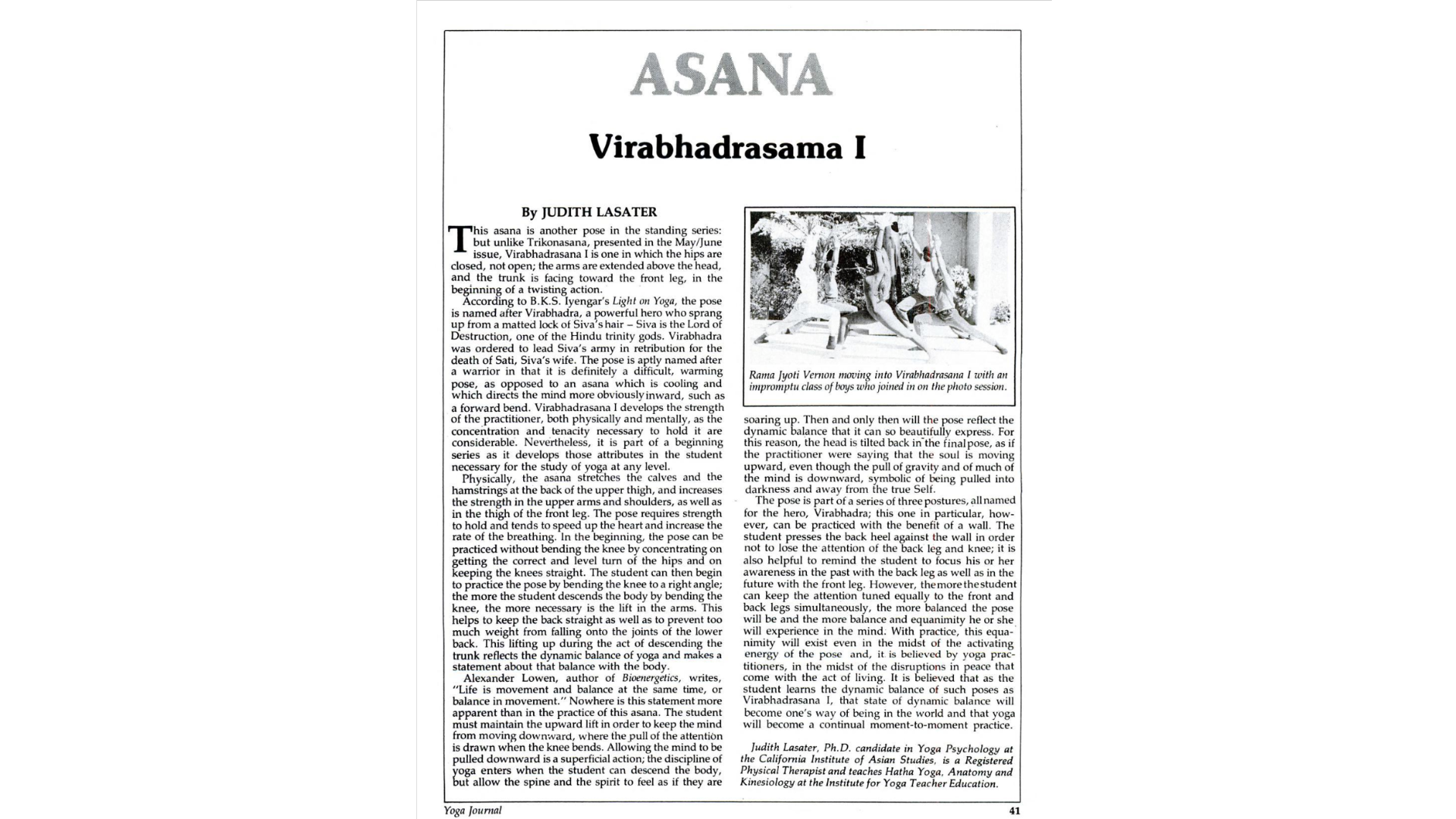 Black and white photocopy of an article in a 1977 issue of Yoga Journal magazine on the topic of Warrior 1 Pose (Virabhadrasana)