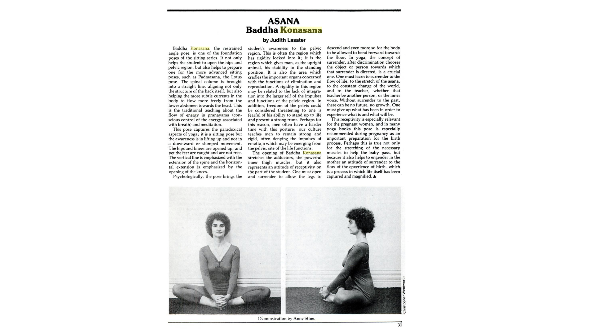 Black and white page from a 1977 article in Yoga Journal