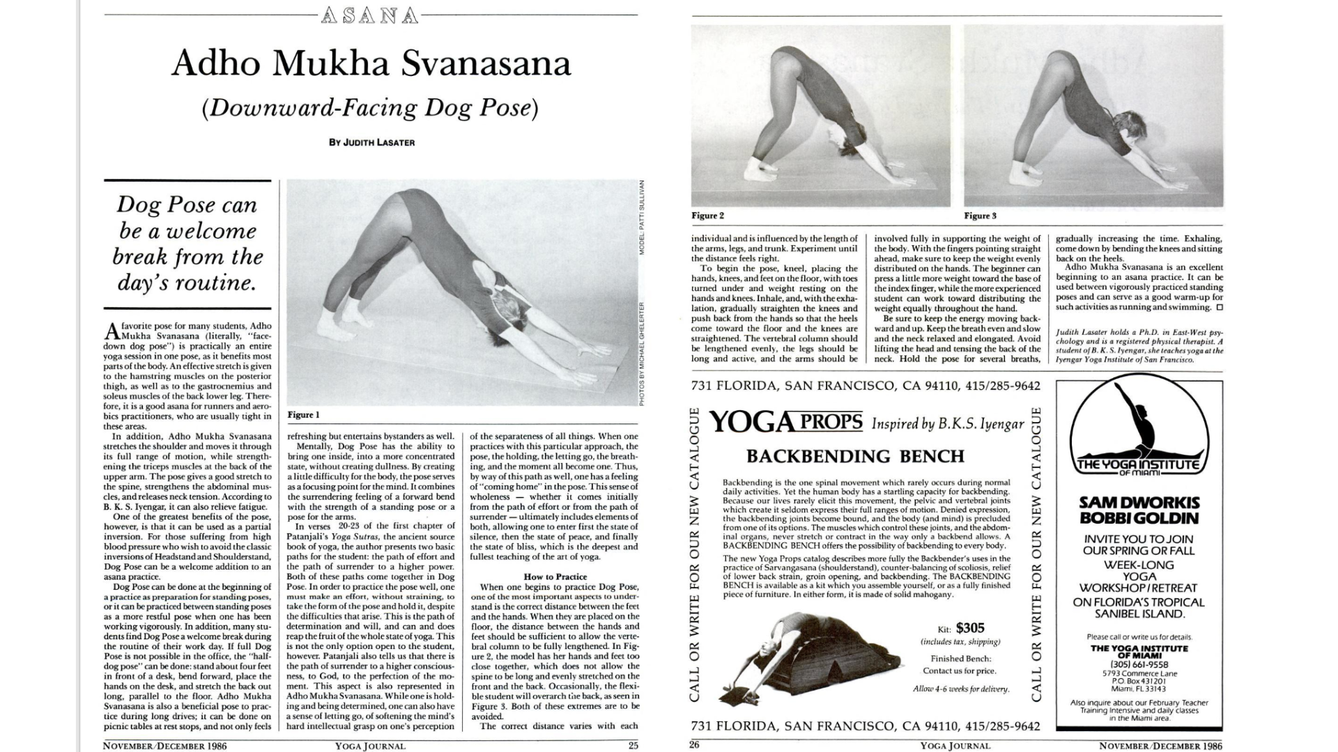 Archive black and white article from Yoga Journal on Down Dog or Adho Mukha Svanasana