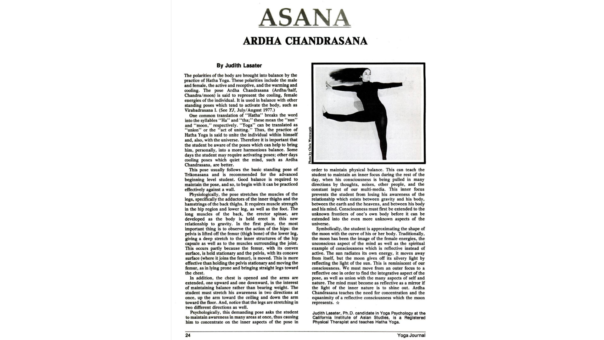 Judith Lasater practices Ardha Chandrasana (Half Moon Pose) in a 1970s Hatha Yoga article from Yoga Journal
