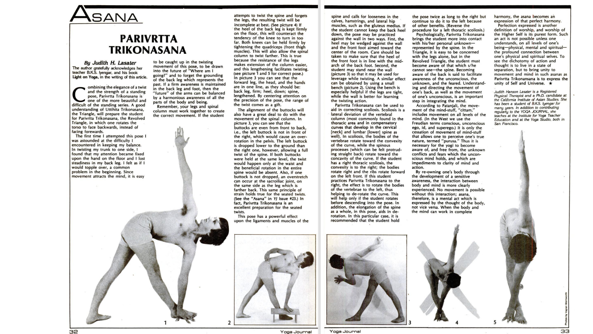 Black and white pages of a 1979 article in Yoga Journal about Revolved Triangle pose or parivrtta Trikonasana