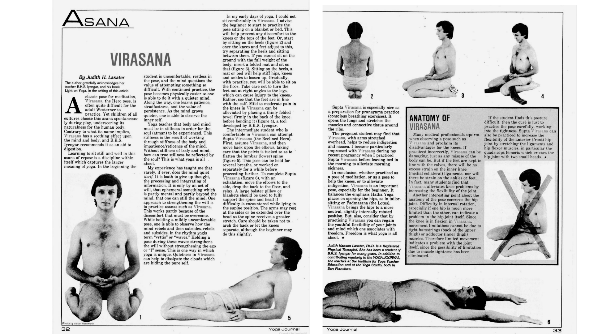 Black and white edition of Yoga Journal from the 1970s on the subject of Virasana or Hero
