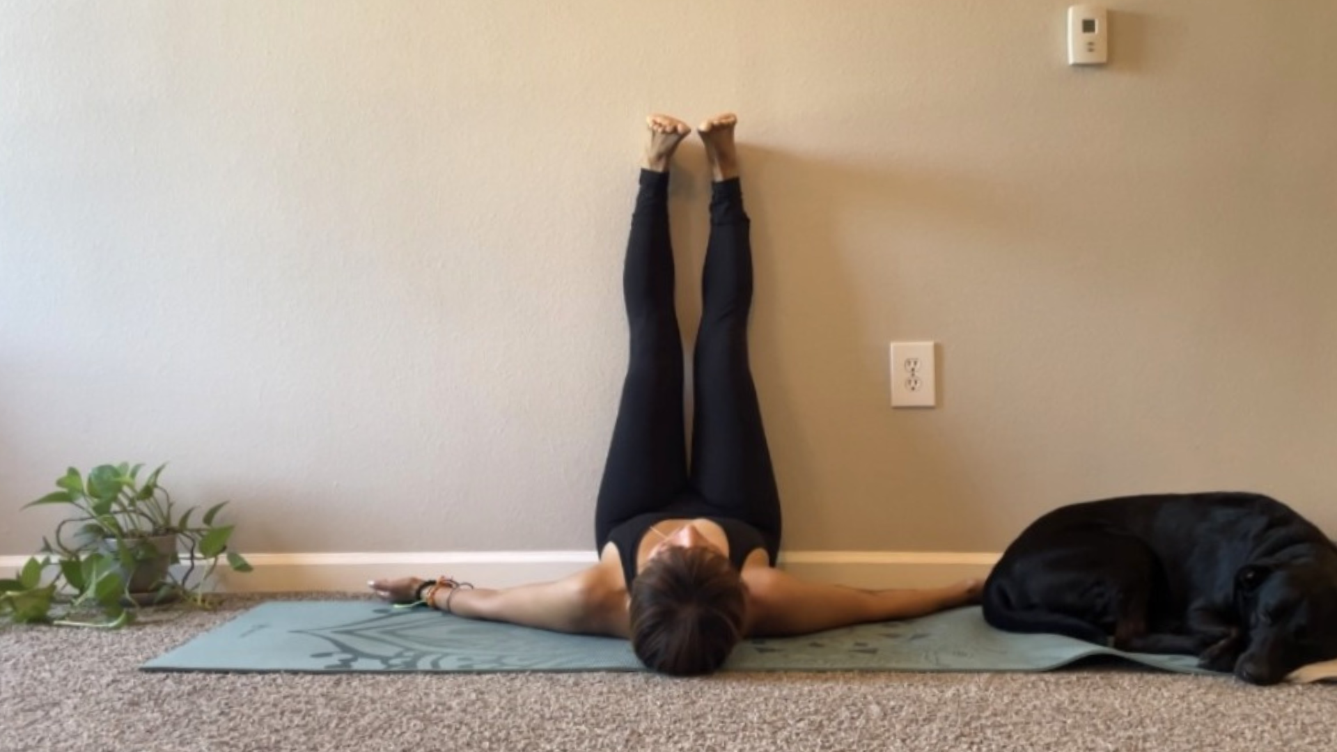 Woman lying on her back on a yoga mat with her legs up the wall in a yoga pose known as Upavista Konasana