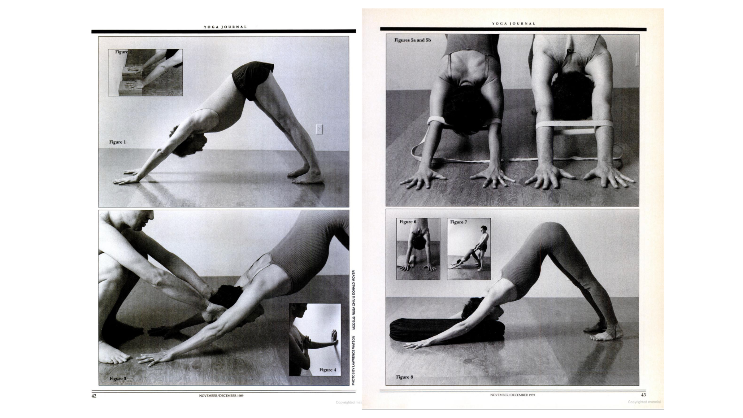 black and white magazine layout from Yoga Journal with multiple example poses of downward-facing dog pose