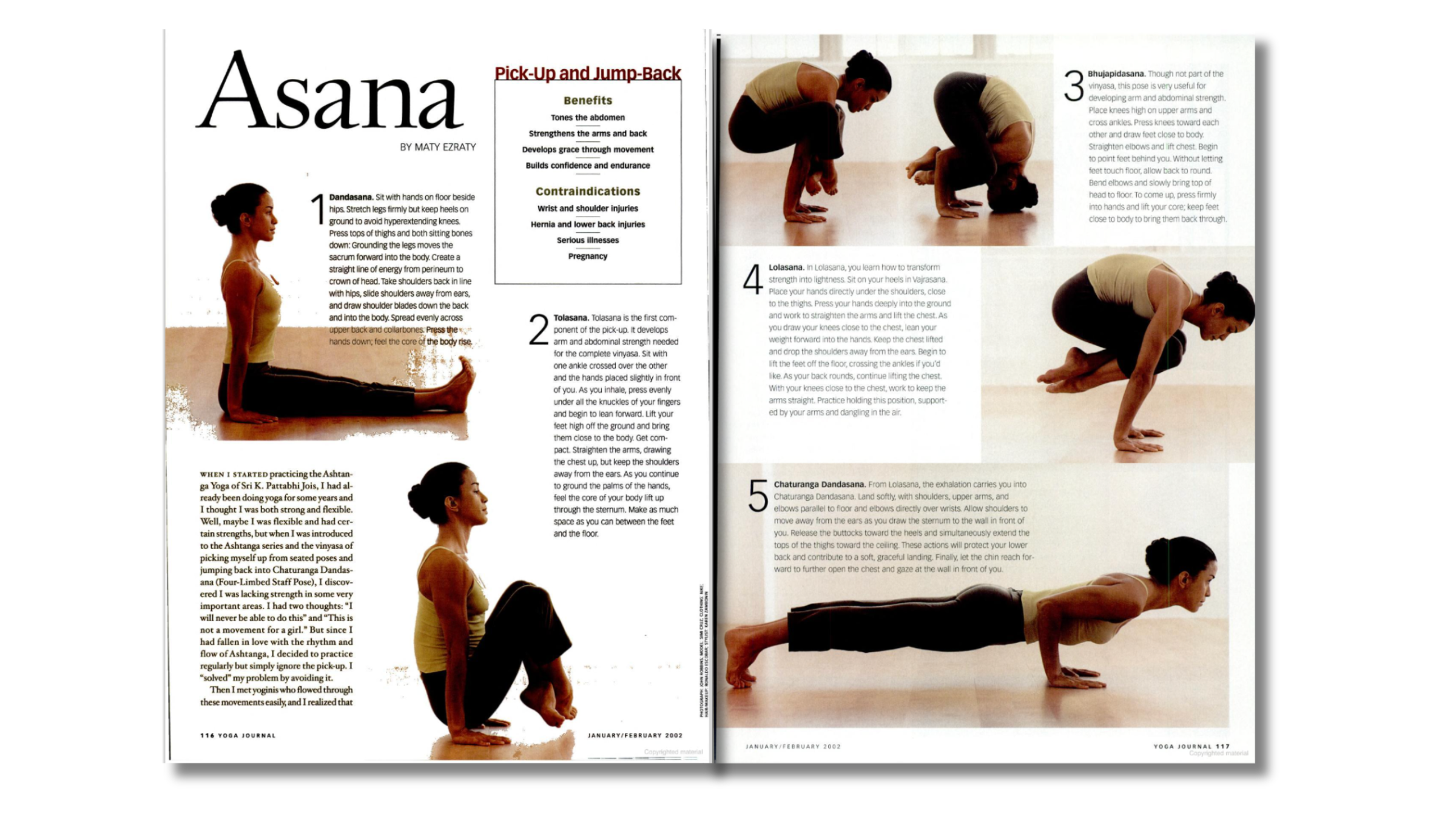 Two screenshots of old Yoga Journal magazine pages next to each other depicting a woman in 5 different yoga poses