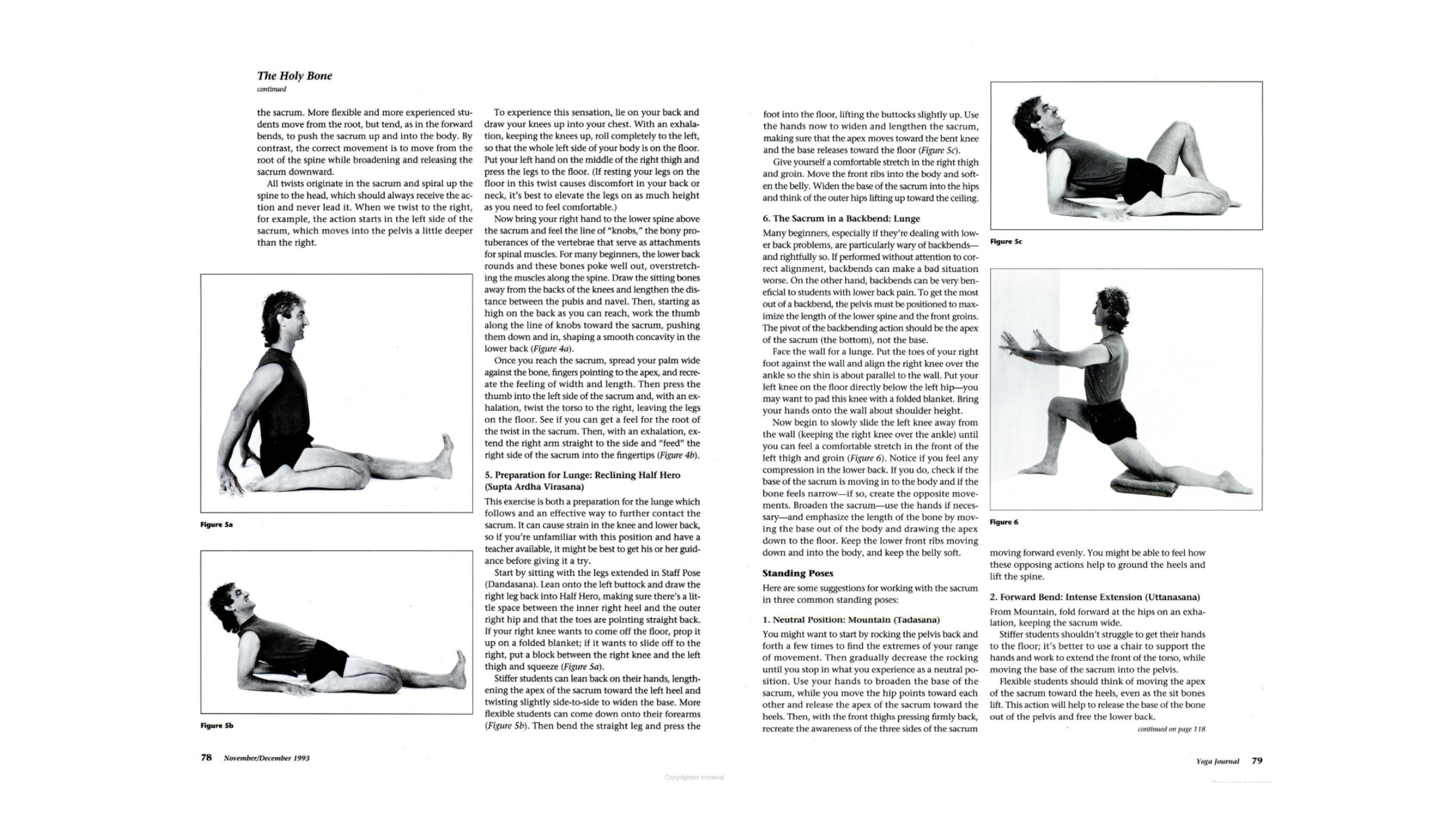 composite image of 1993 Yoga Journal article about sacrum bone with black and white photos of man performing exercises