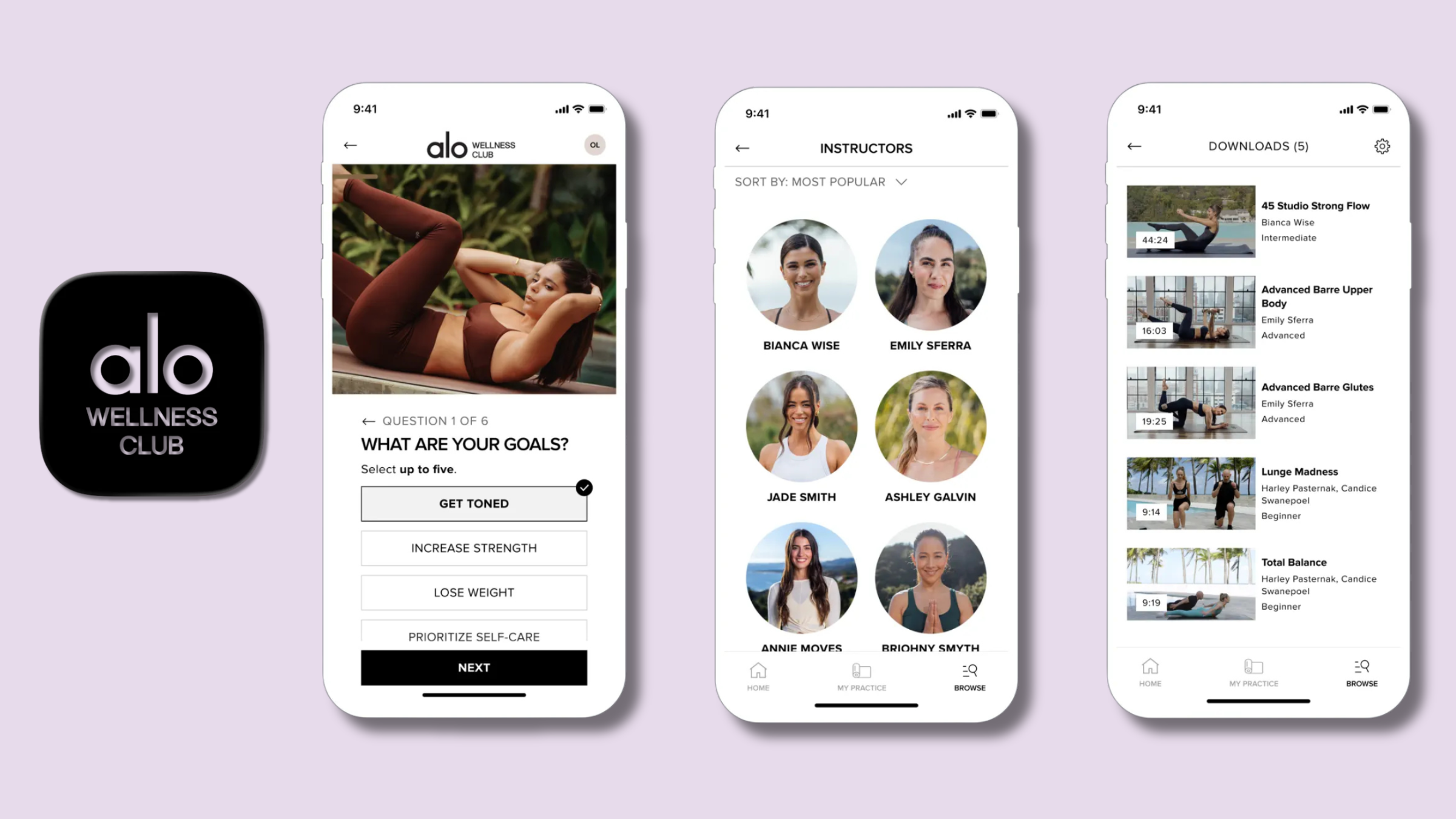 Screenshots from Alo Wellness Club, one of the most popular yoga apps