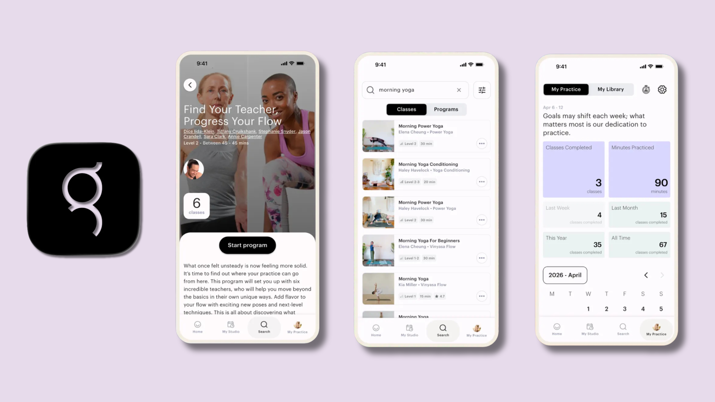Screenshots from Glo, one of the most popular yoga apps
