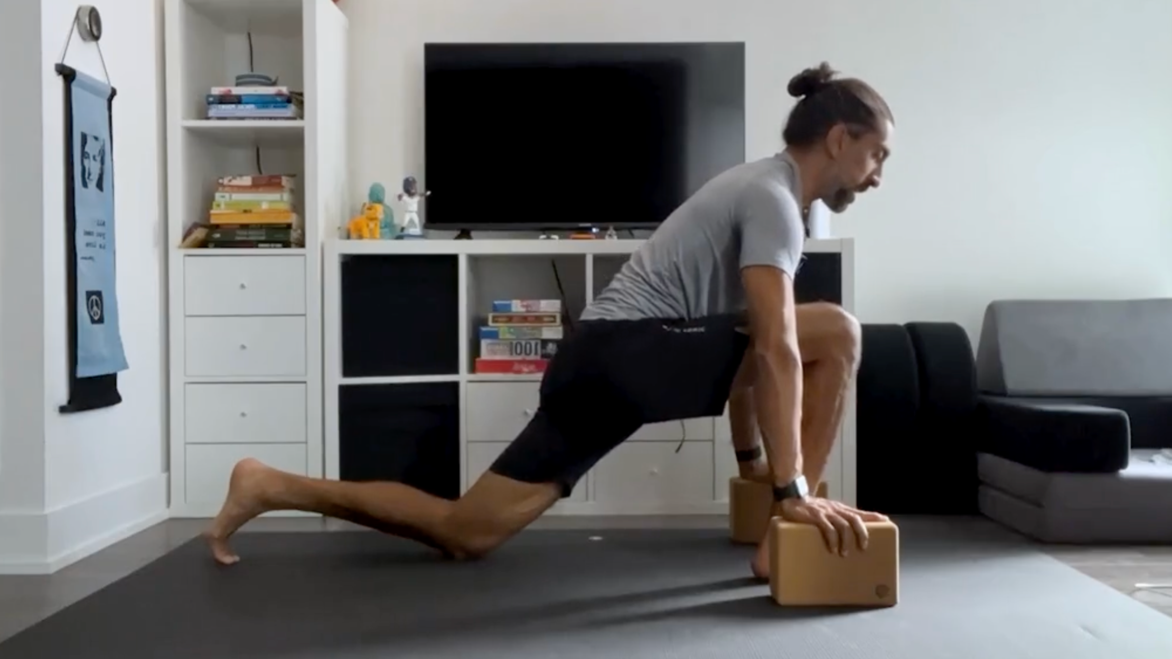 Yoga teacher Jaffer Hussain in Low Lunge, Anjaneyasana in Sanskrit, one of his series of hips stretches