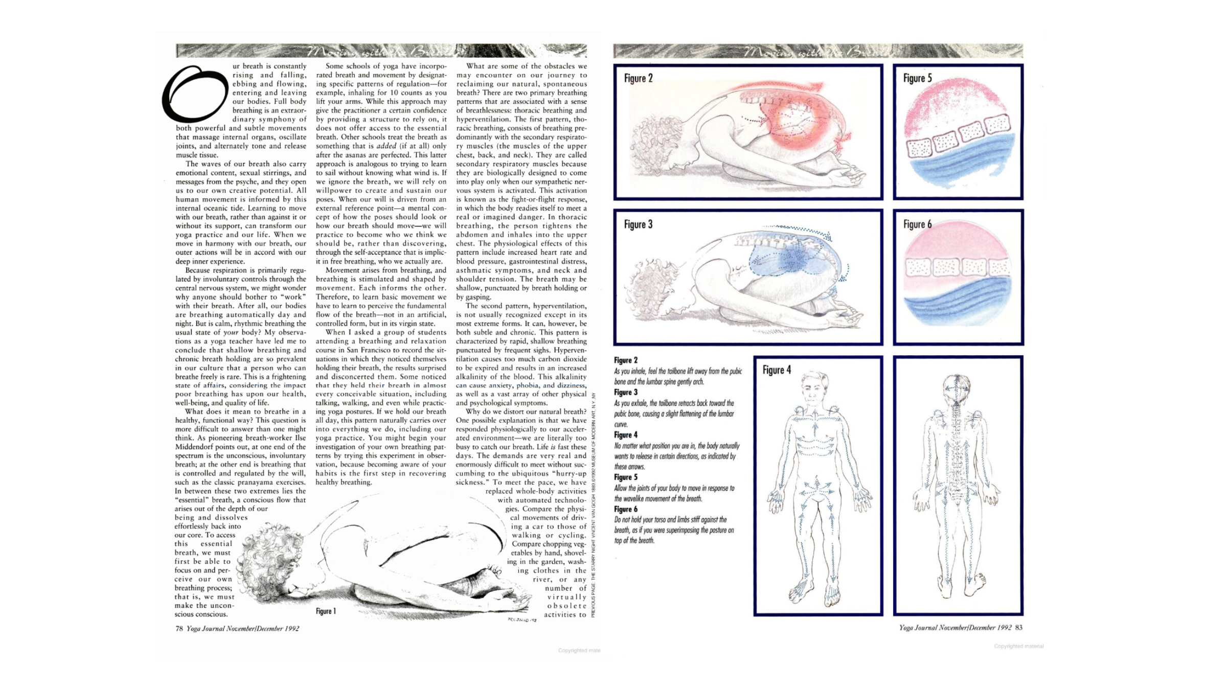images of two different Yoga Journal 1992 pages with illustrated figures depicting yoga poses