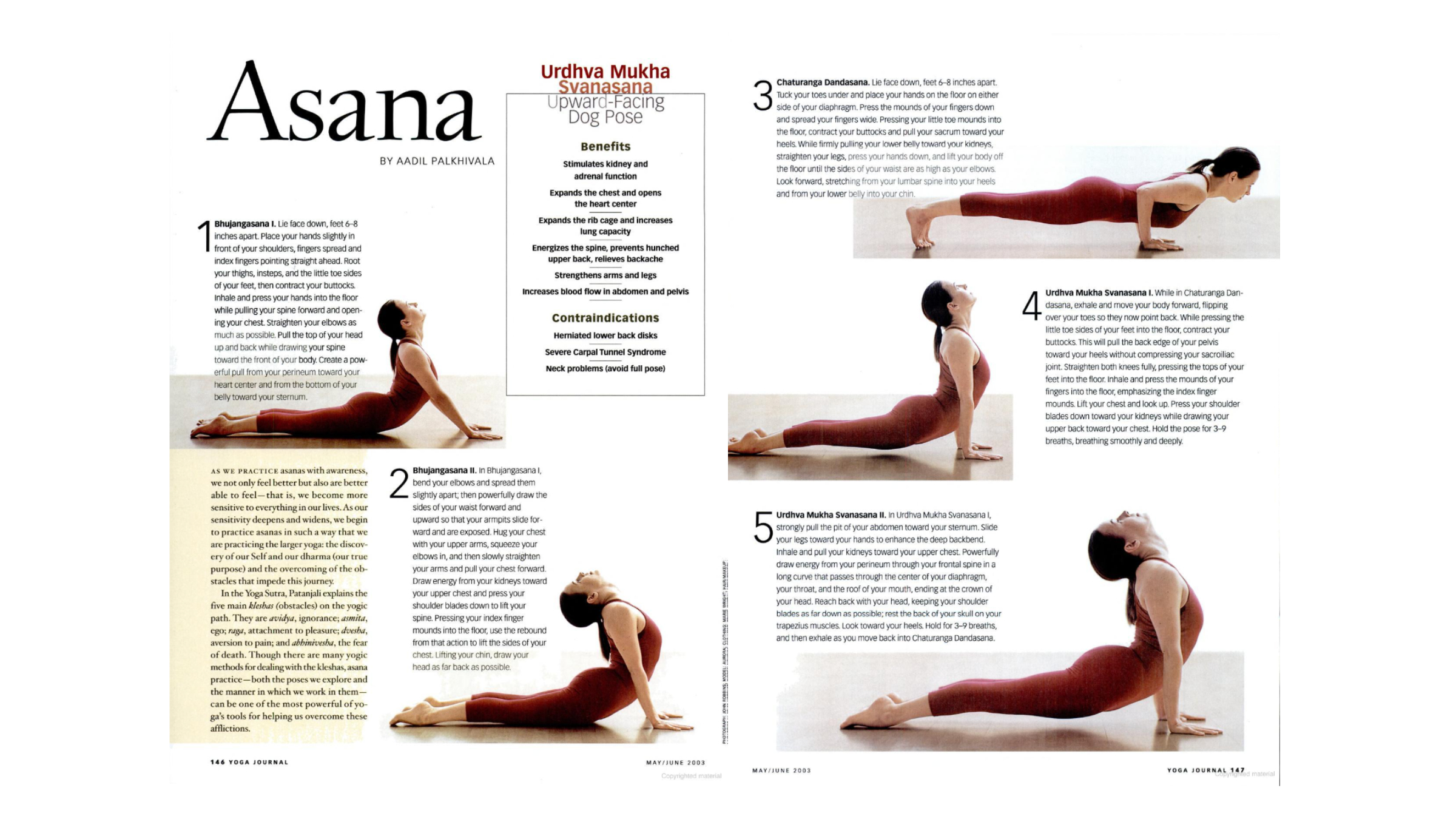 printed Yoga Journal magazine spread with photos and text explaining upward-facing dog