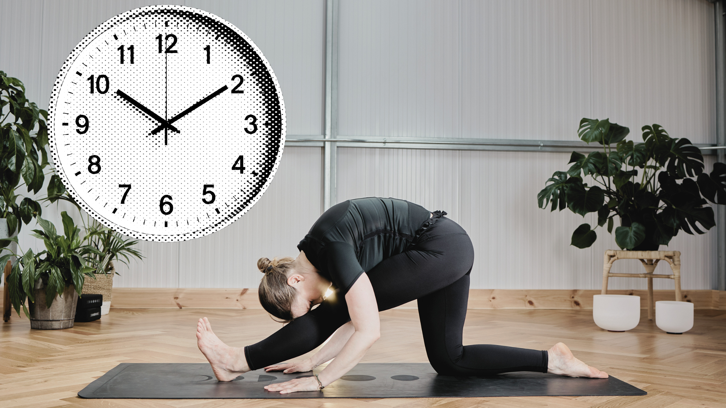 A woman in yoga class with a large clock behind her