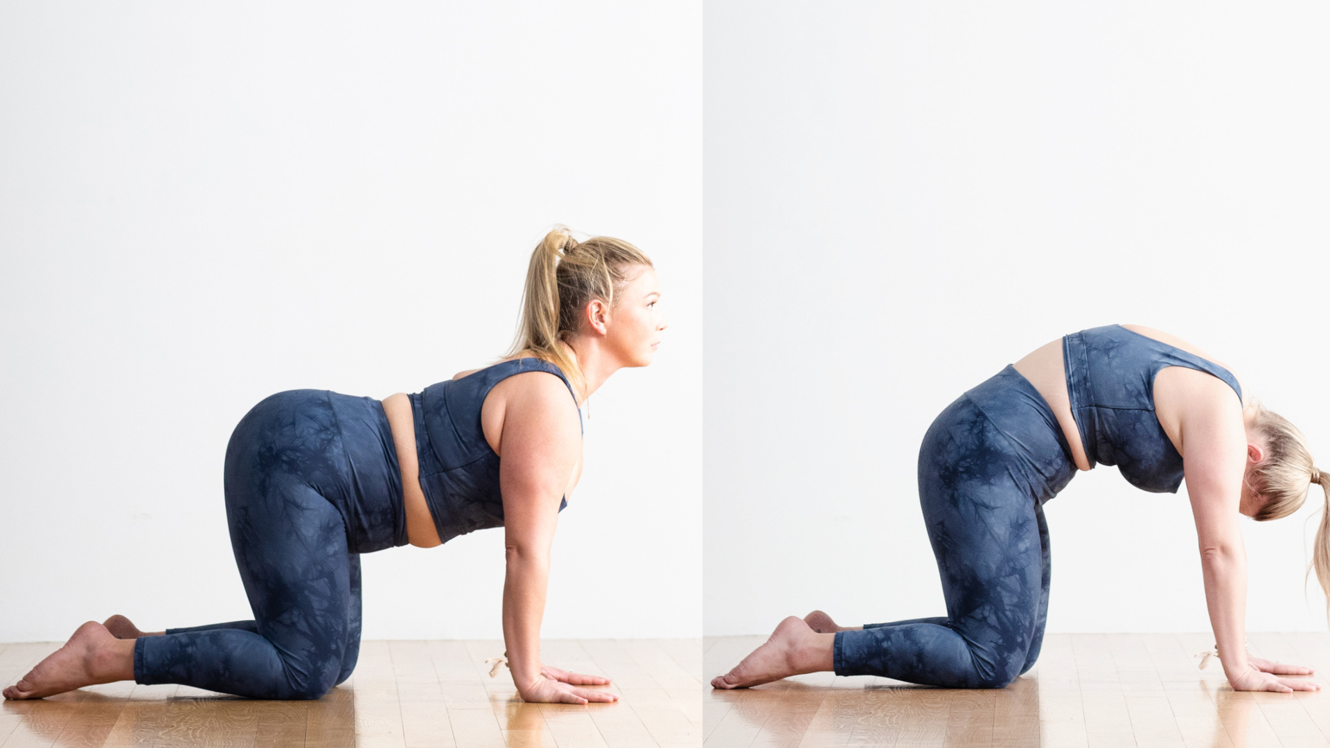 Woman alternating between Cow and Cat poses in yoga
