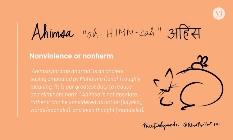 An illustrated card with the definition of the Sanskrit word "Ahisma"