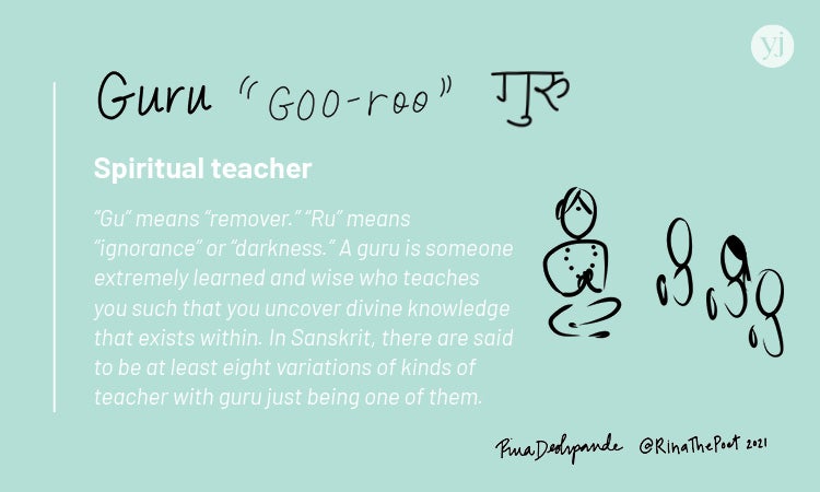 An illustrated card with the definition of the Sanskrit word "Guru"