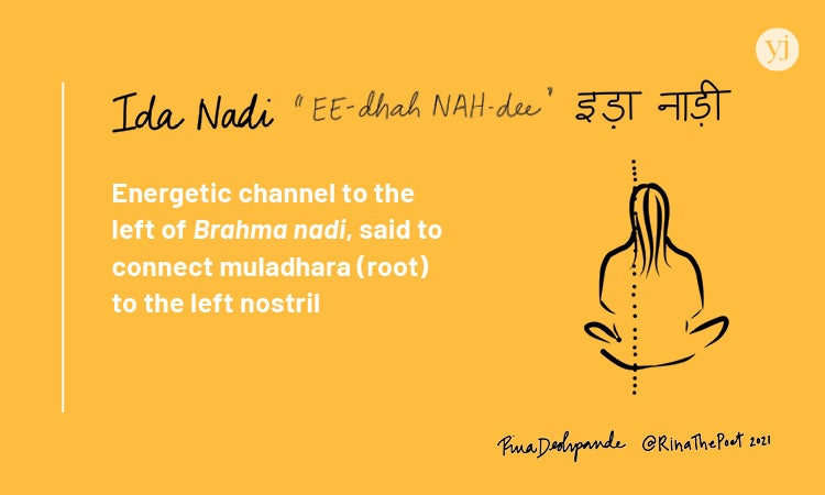 An illustrated card with the definition of the Sanskrit word "Ida Nadia"