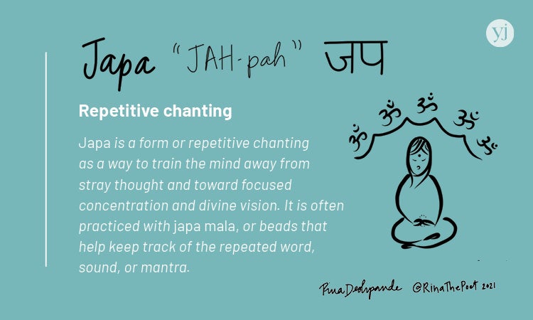 An illustrated card with the definition of the Sanskrit word "Japa"