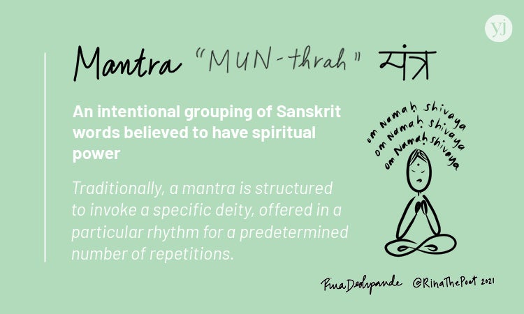 An illustrated card with the definition of the Sanskrit word "Mantra"