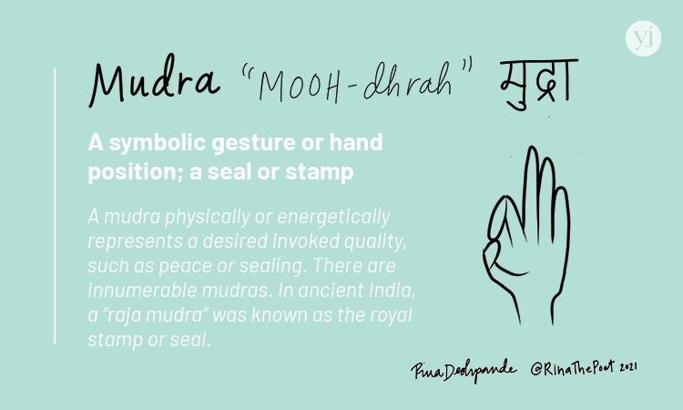 An illustrated card with the definition of the Sanskrit word "Mudra"